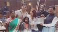 Akki and Twinkle pose with the real Padman on sets of 'Padman'