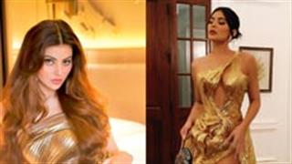 Urvashi Rautela dazzles in a steamy Chic Gold Tin Foil gown similar to Kylie Jenner at Justin Bieber's wedding