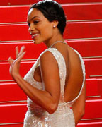 Actress Rosario Dawson poses on the red carpet as she arrives for the screening of the film 'Wara No Tate' (Shield of Straw) in competition during the 66th Cannes Film Festival