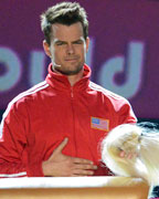 Host Josh Duhamel looks on as audience members get slimed at the 2013 Kids Choice Awards in Los Angeles, California