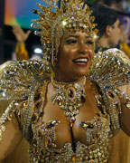 Drum queen Rayssa Oliveira from the Beija Flor samba school participates during the annual Carnival parade in Rio de Janeiro's Sambadrome