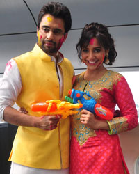 Bollywood actors Jackky Bhagnani, Neha Sharm and Kayoze Irani celebrates Holi during the promotion of film Youngistaan