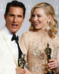 Winners Matthew McConaughey for Best Actor and Cate Blanchett for Best Actress hold their Oscars at the 86th Academy Awards in Hollywood, California