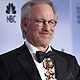 Steven Spielberg poses backstage after winning the award for best animated feature film for 'The Adventures of TinTin' at the 69th annual Golden Globe Awards