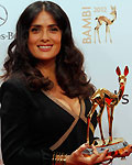 Mexican actress Hayek poses with her trophy for Film International during Bambi Awards 2012 in Duesseldorf