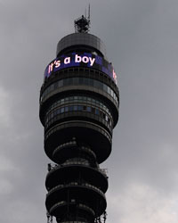 The British Telecom tower displays 'it's a boy' to mark the birth of a baby boy for Catherine, Duchess of Cambridge and her husband Prince William, in London