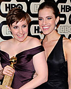 Zosia Mamet, Lena Dunham and Allison Williams, pose as they arrive at the HBO after party after the 70th annual Golden Globe Awards in Beverly Hills, California