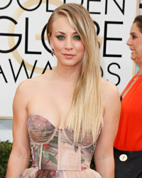 Actress Kaley Cuoco arrives at the 71st annual Golden Globe Awards in Beverly Hills, California