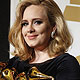 Singer Adele holds her six Grammy Awards in Los Angeles