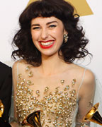 Gotye and Kimbra pose with the awards they won for Record of the Year and Best Pop Duo/Group Performance for 'Somebody That I Used to Know' backstage at the 55th annual Grammy Awards