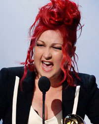 Cyndi Lauper celebrates as 'Kinky Boots' wins Best Musical Theatre Album at the 56th annual Grammy Awards in Los Angeles, California