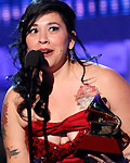 Carla Morrison accepts the award for best alternative album during the 13th Latin Grammy Awards in Las Vegas