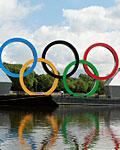 The Olympic Rings on the River Thames at Battersea in central London