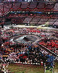 Fireworks explode over the Olympic stadium during the opening ceremony of the London 2012 Olympic Games