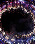 Fireworks explode over the Olympic Stadium during the opening ceremony of the London 2012 Olympic Games