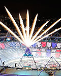 Fireworks explode over the Olympic Stadium during the opening ceremony of the London 2012 Olympic Games