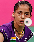 India's Saina Nehwal plays against Switzerland's Sabrina Jaquet during the women's singles group play stage badminton match at the Wembley Arena during the London 2012 Olympic Games