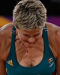 Australia's Nat Cook celebrates a point during their women's preliminary round beach volleyball match against Austria at the London 2012 Olympic Games at Horse Guards Parade