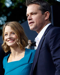 Cast members Diego Luna, Jodie Foster and Matt Damon pose at the world premiere of 'Elysium' in Los Angeles, California