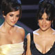 Penelope Cruz and Salma Hayek (R) prepare to present the Oscar for sound editing at the 77th Academy Awards in Hollywood.