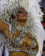 Drum Queen Viviane Araujo of the Salgueiro samba school participates on the first night of the annual carnival parade in Rio de Janeiro's Sambadrome