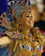 Drum Queen Bruna Almeida of Sao Clemente samba school participates on the second night of the annual carnival parade in Rio de Janeiro's Sambadrome