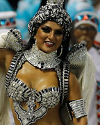 Drum Queen Bruna Bruno of the Uniao da Ilha samba school dances on the first night of the annual Carnival parade in Rio de Janeiro's Sambadrome