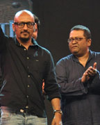 L to R- Shantanu Maitra with the award Music Composer of the year.Aniruddha Roychowdhury, Prasenjit Chatterjee, Sreejit Mukherjee