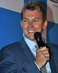 Brett Lee addresses the press conference as extolled the Melbourne Cricket Ground as a perfect venue for ICC World Cup