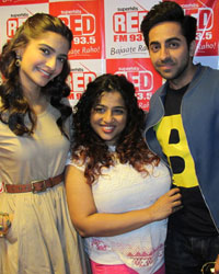 Sonam Kapoor and Ayushman Khurrana with 93.5 RED FM's RJ Malishka