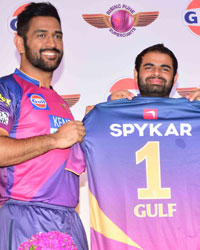 M S Dhoni and Ajinkya Rahane at the unveiling of the team jersey with the iconic Gulf Logo