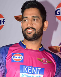 M S Dhoni at the unveiling of the team jersey with the iconic Gulf Logo