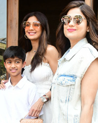 Shilpa Shetty with her son and Shamita Shetty  at a restaurant in Bandra