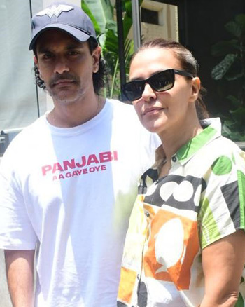 Angad Bedi and Neha Dhupia snapped at Mag St. in Bandra