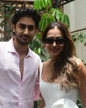 Malaika Arora snapped with son Arhaan Khan outside a restaurant in Juhu