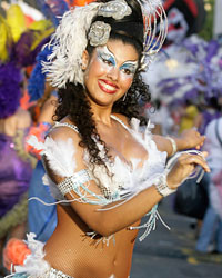 Members of a 'comparsa', a carnival band, participate in the 'llamadas' parade in Montevideo February 6, 2010. On February 4 and 6, thousands of people crowd the capital's traditionally black neighborhood as costumed drummers and dancers kick off a street fiesta known as 'llamadas' - Spanish for 'calls.'