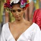 A model displays a creation designed by Damaris Rubio of Dominican Republic on the second day of Miami Fashion Week in Florida