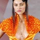 A model presents a creation by Portuguese designer Fatima Lopes as part of her Spring/Summer 2009 women`s ready-to-wear fashion collection show in Paris