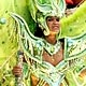 Reveler of Beija-Flor samba school performs atop carnival float at Sambadrome stadium in Rio de Janeiro