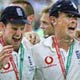 England team celebrates regaining the Ashes after the final day of the fifth test of the Ashes series at The Oval in London.