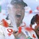 Flintoff celebrates winning the Ashes series at The Oval cricket ground in London after beating Australia.