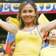 An Ecuador fan smiles in the stands before the match between Ecuador and Costa Rica in Hamburg