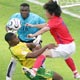 Park Ji-sung battles for the ball with Ludovic Assemoassa in Frankfurt