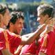 Fernando Torres celebrates his goal against Ukraine with team mate Raul