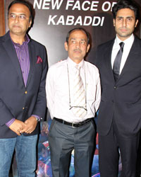 Charu Sharma, Deoraj Chaturved, CEO, International Kabaddi Federation (IKF)  and Abhishek Bachchan