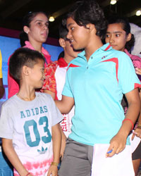 Saina Nehwal at the interaction with kids  for the final matches of PNB MetLife Junior Badminton Championship,