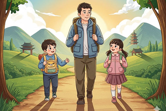 Chinese Dad Walks 800km in 31 Days With His Young Kids To Toughen Them Up