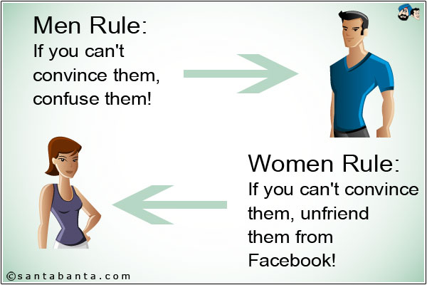 Men Rule: If you can't convince them, confuse them!<br />
Women Rule: If you can't convince them, unfriend them from Facebook!