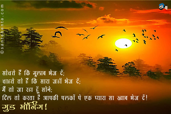 सोचते हैं कि गुलाब भेज दें;<br/>
चाहते तो हैं कि सारा जहाँ भेज दें;<br/>
मैं तो जा रहा हूँ सोने;<br/>
दिल तो करता है आपकी पलकों पे एक प्यारा सा ख्वाब भेज दें।<br/>
गुड मॉर्निंग!