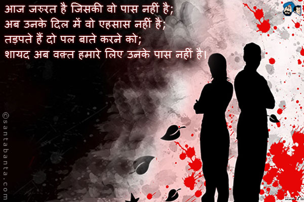 आज जरुरत है जिसकी वो पास नहीं है;<br />
अब उनके दिल में वो एहसास नहीं है;<br />
तड़पते हैं दो पल बाते करने को;<br />
शायद अब वक़्त हमारे लिए उनके पास नहीं है।